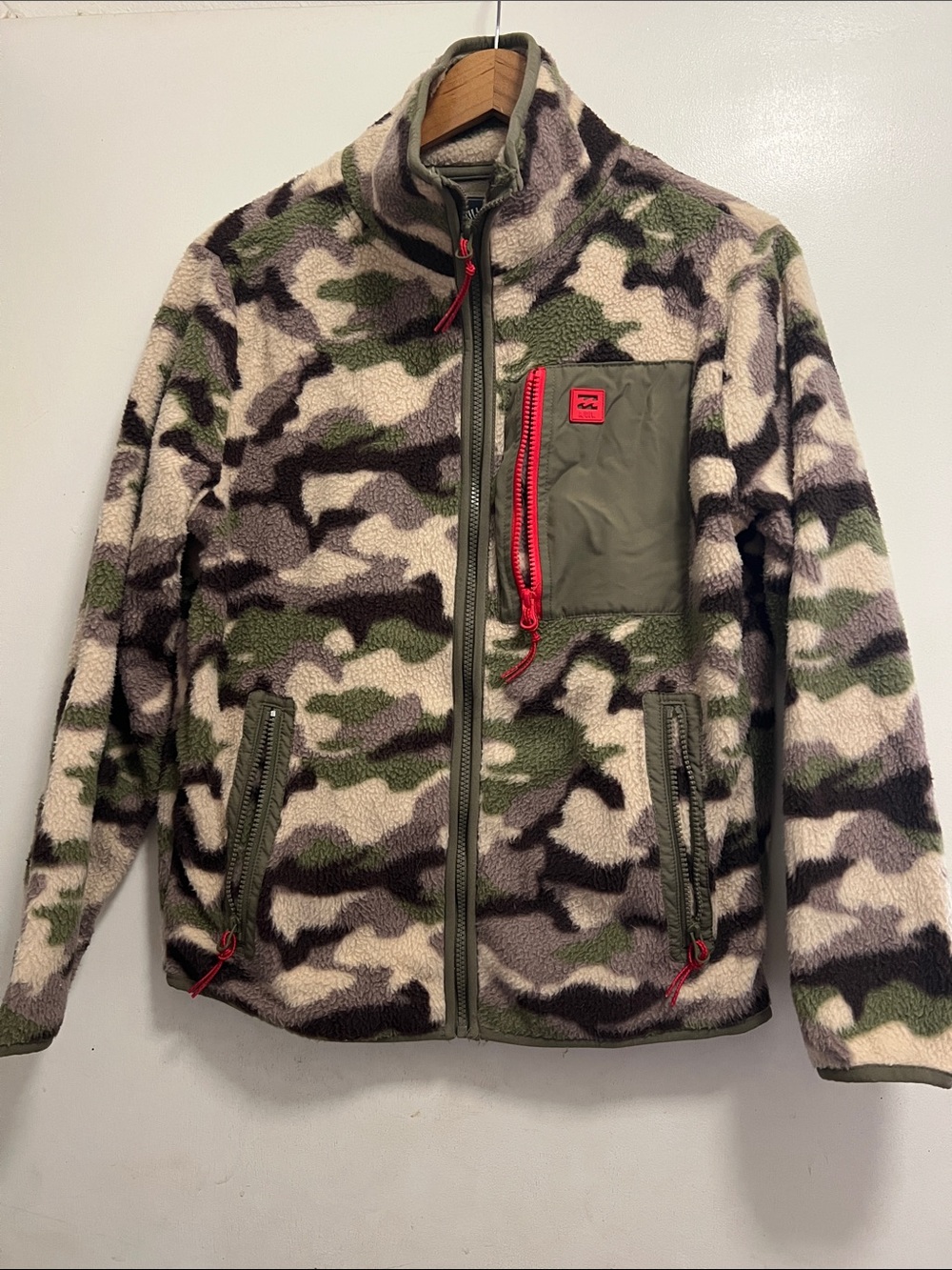Billabong Olive & Cream Camo Sherpa Jacket with Red Trim